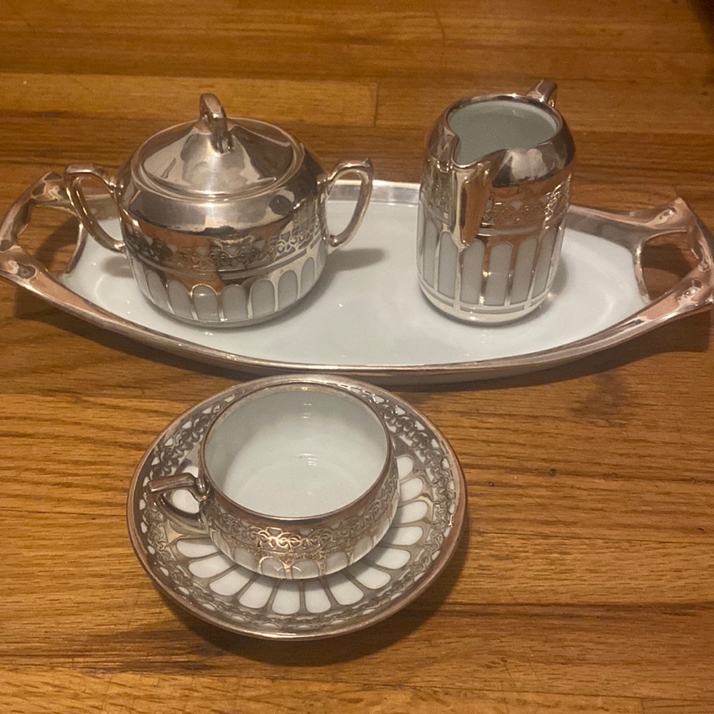 Antique Silver Overlay Sugar, Creamer & Serving Dish - Service For 1 Espresso